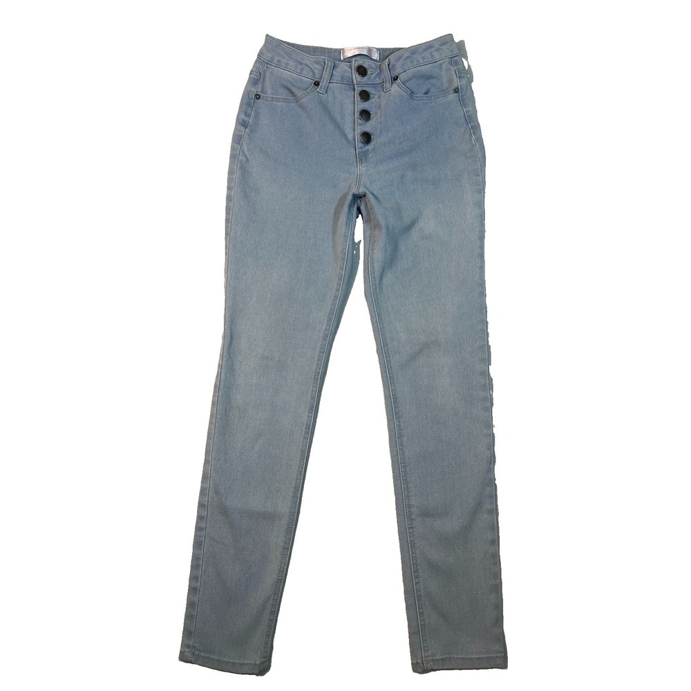 No Boundaries Size 7 Light Wash High Rise Button Fly Skinny Jeans Stretch Blue